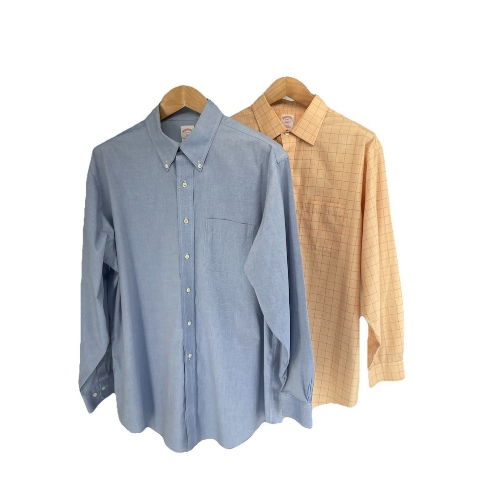 LOT OF 2 Brooks Brothers Dress Shirts 17 4/5 (XL) 1 Blue 1 Orange Plaid Non Iron - Picture 2 of 15